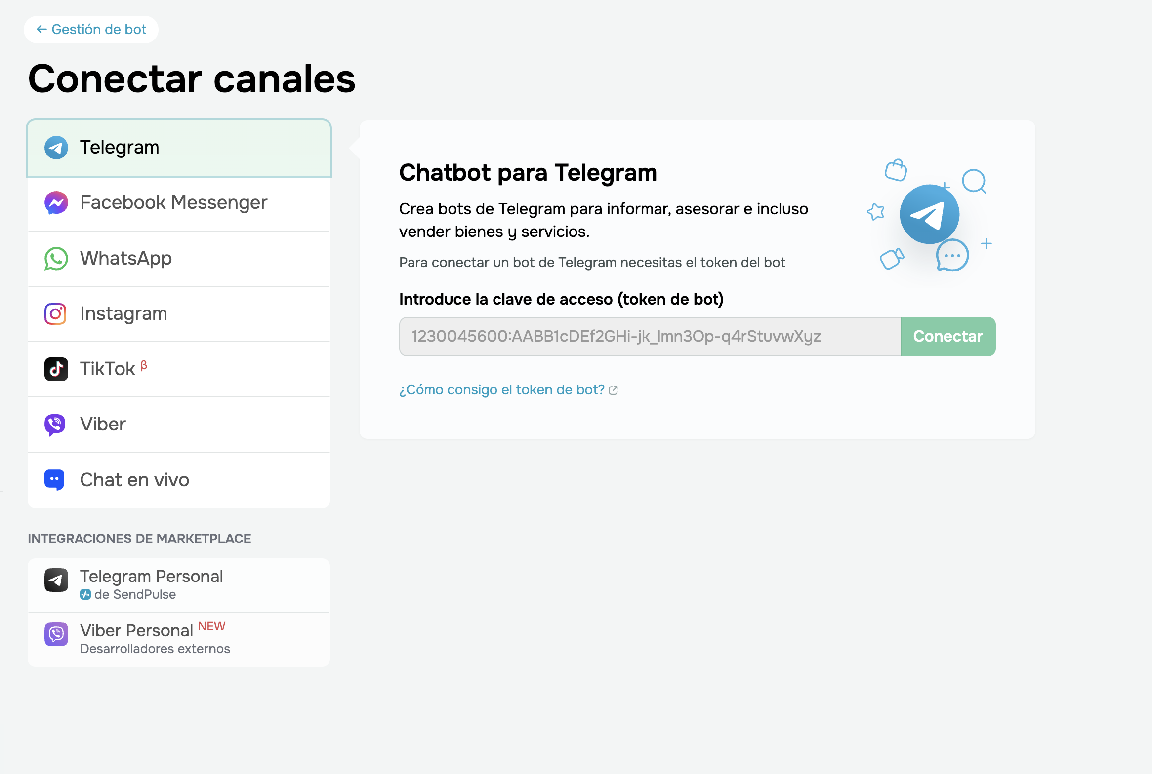 SendPulse permite conectar varios canales de chatbots, de entre ellos Telegram